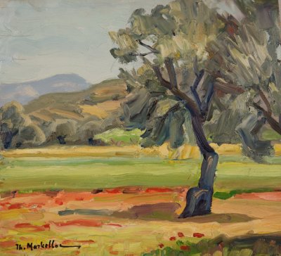 Olive Grove, Poppies, Bright — Oil painting, Fiberboard, 32.00×35.00cm — Theodoros Markellos